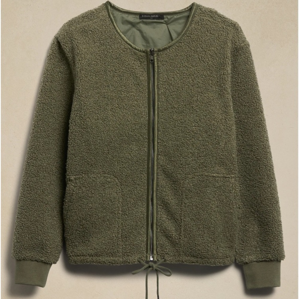 Banana Republic Olive Green Sherpa Zip Up Bomber Jacket Size Medium - Picture 4 of 11